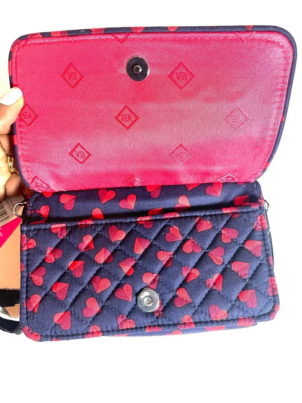 Vera Bradley Iconic RFID Wallet Navy Red Hearts NWT No Wristlet Strap